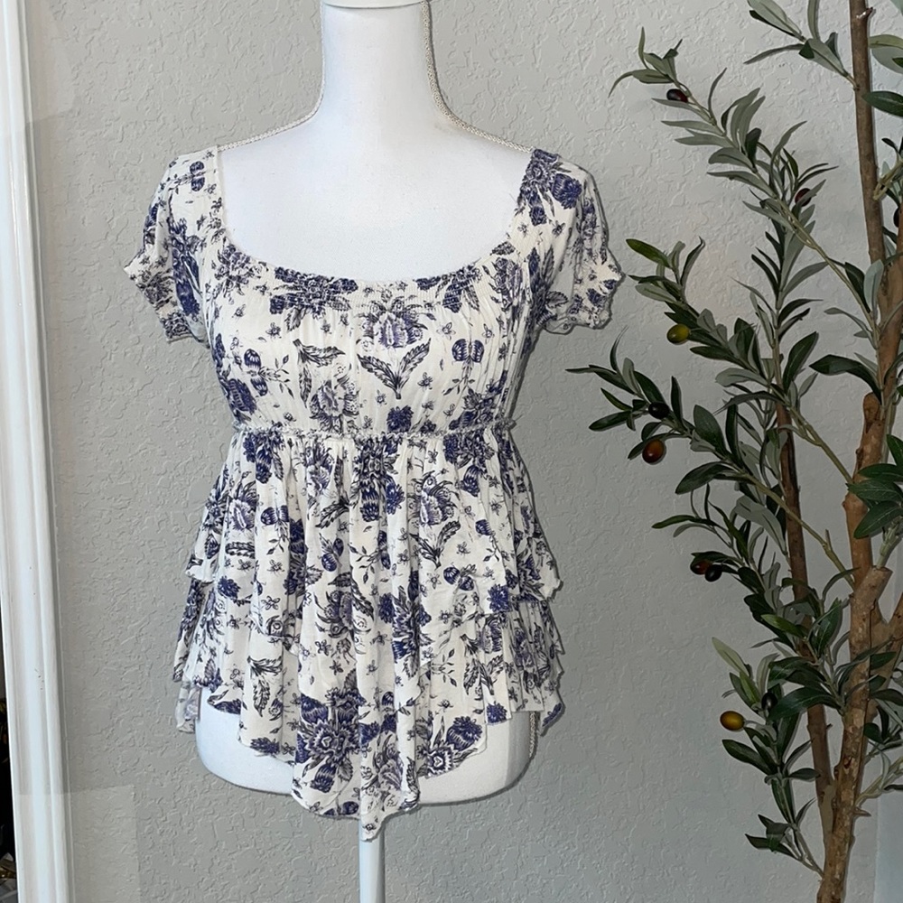 Free People Women’s Boho Floral Print Off the Shoulder Babydoll Blouse Size S